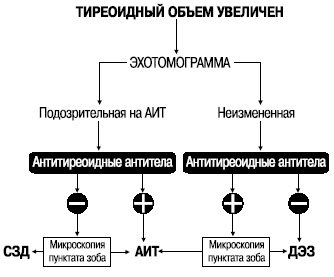 Алгоритм дифференциальной диагностики при диффузном нетоксическом зобе (собственные данные)